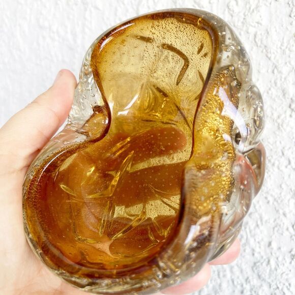 VTG Murano Amber Bowl Hand Mouth Blown Glass Laid in Bubbles Ashtray Dish Heavy - Picture 9 of 11
